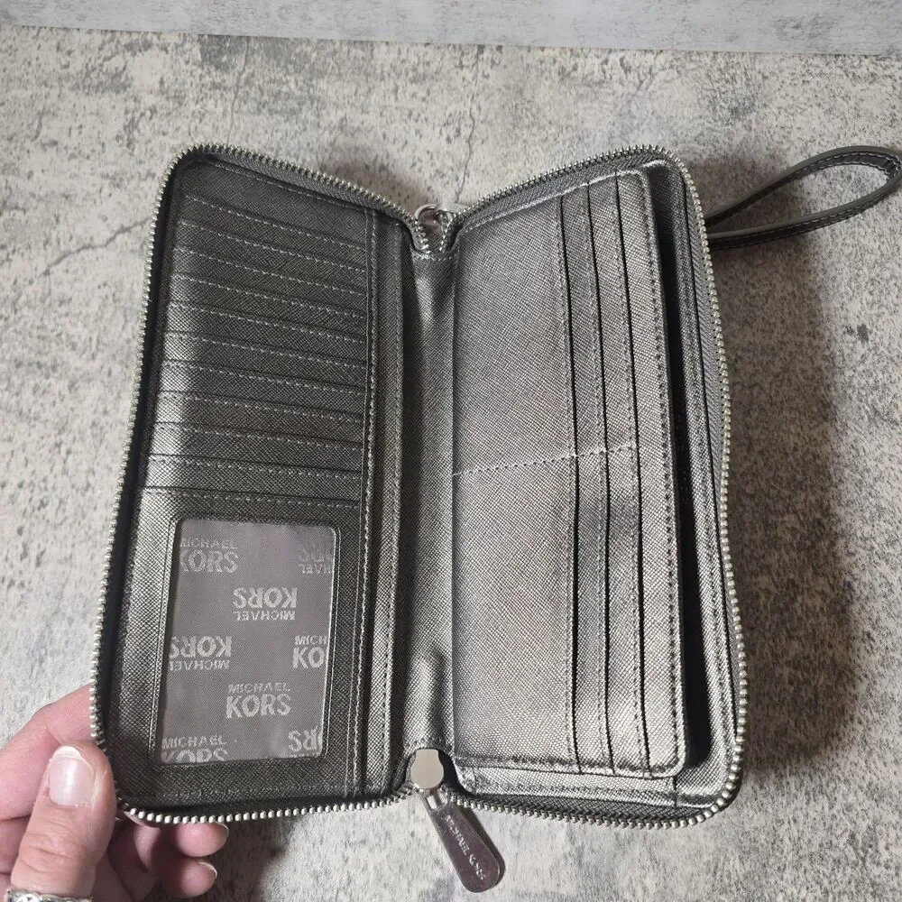 Michael Kors Metallic Zip Around Wallet Silver Mirror Metallic Good Condition